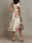FJØRNA vintage floral satin women's midi dress featuring elegant design, perfect for day to night wear.