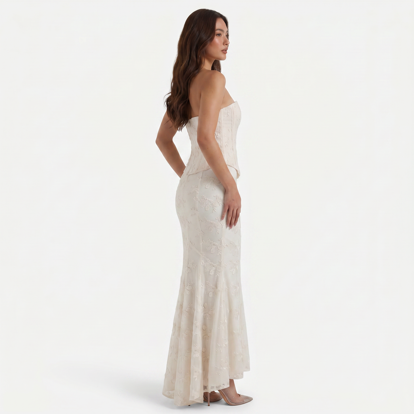 FJØRNA women's strapless lace corset maxi dress with fitted bodice and flowing skirt, elegant evening wear for special occasions.