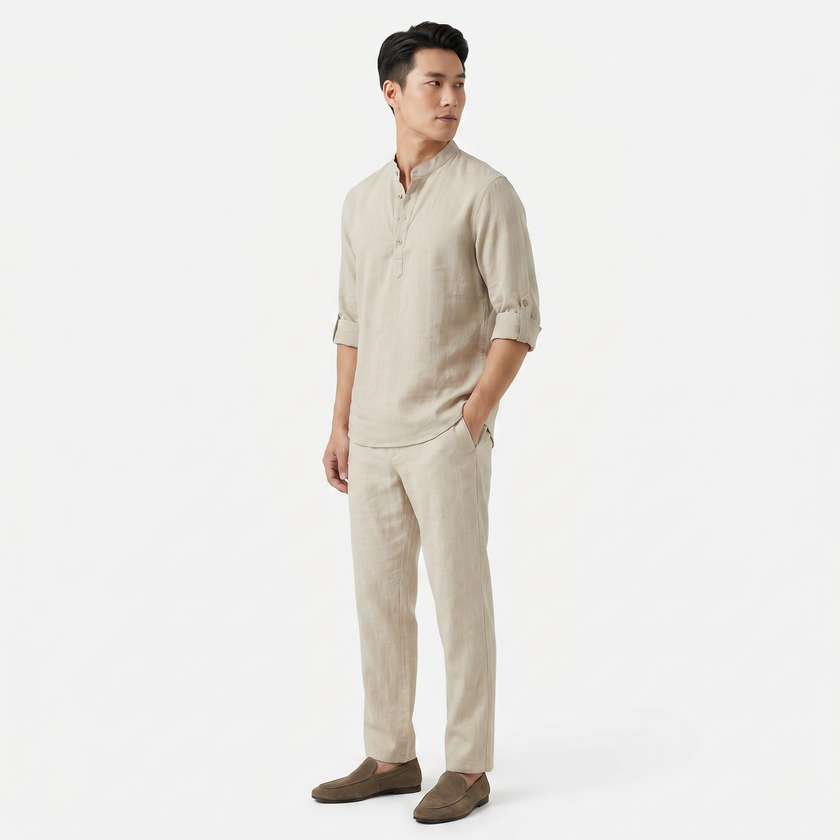 FJØRNA men's linen henley shirt with grandad collar and rolled-up sleeves, casual summer shirt, lightweight and breathable fabric.