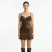 Women's lace slip satin mini dress by FJØRNA, featuring delicate lace detail and smooth satin fabric, styled as a stylish evening dress.