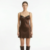 Women's lace slip satin mini dress by FJØRNA, featuring delicate lace detail and smooth satin fabric, styled as a stylish evening dress.