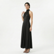 Women's satin high neck bridesmaid maxi dress by FJØRNA, featuring a flowing silhouette and elegant high neckline.