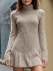 FJØRNA fuzzy turtleneck knit mini dress, stylish and cozy, perfect for casual or semi-formal occasions.