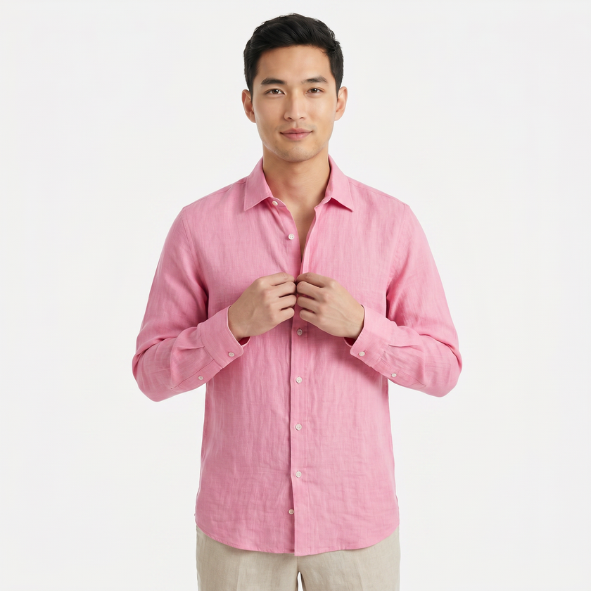 Men's FJØRNA linen long sleeve button-down shirt, lightweight and breathable, in a natural fabric with a collar and button front.