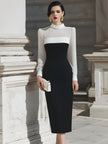 FJØRNA contrast panel long-sleeve midi dress for women, featuring stylish design with contrasting fabric panels and midi length.