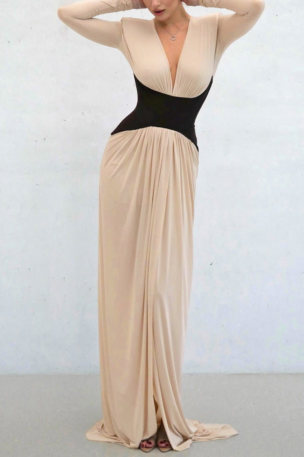 FJØRNA color-blocked V-neck long-sleeved maxi dress with high slit, slim fit, elegant style, perfect for formal occasions.