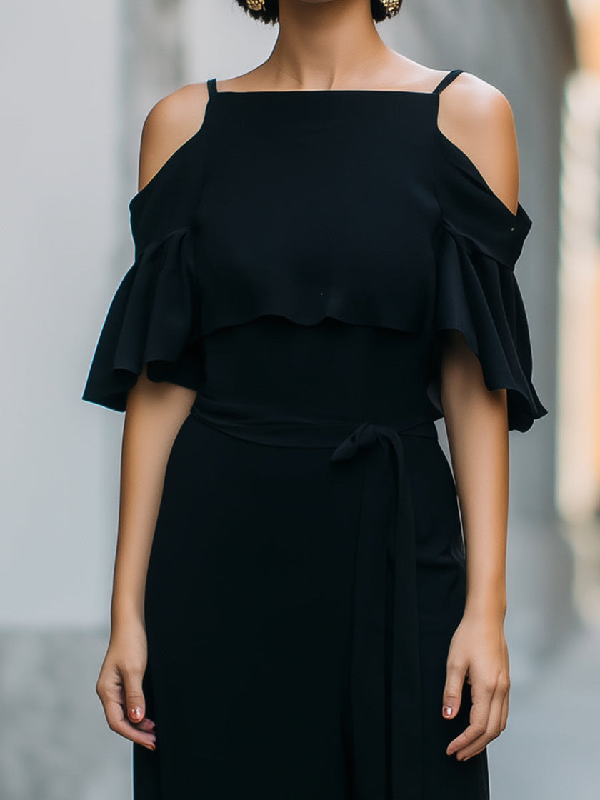 FJØRNA elegant cold-shoulder midi dress with ruffle details, stylish and flowy for women, perfect for special occasions.