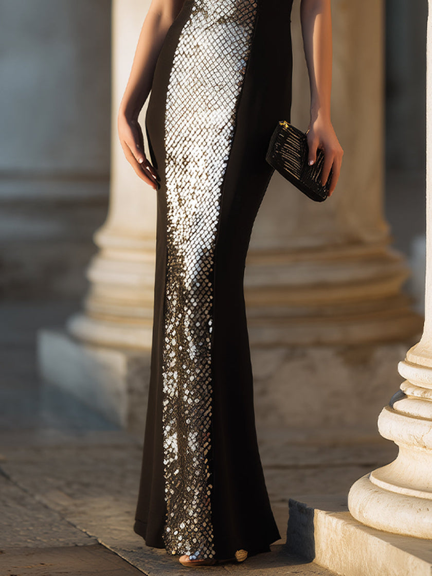FJØRNA sculpted panel evening gown with sleeveless silhouette, elegant maxi dress with long sleeves, perfect for formal events.