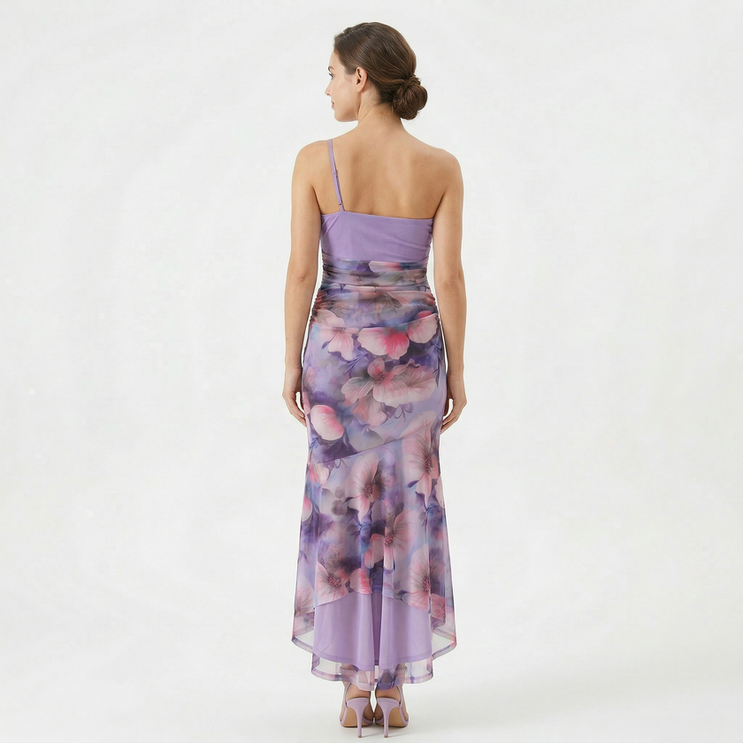 FJØRNA women's floral A-line maxi dress with a flowing silhouette and vibrant floral pattern, perfect for summer occasions.