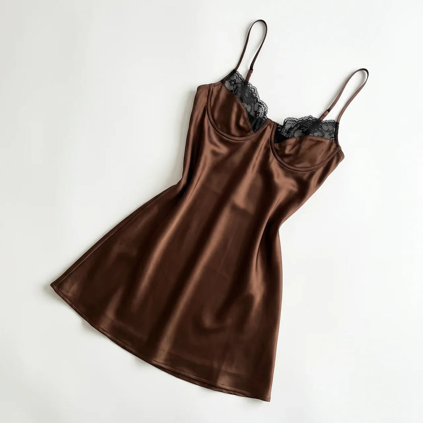 Women's lace slip satin mini dress by FJØRNA, featuring delicate lace details and smooth satin fabric, shown on a mannequin.