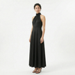 Women's satin high neck bridesmaid maxi dress by FJØRNA, featuring a sleek high neckline and flowing silhouette.