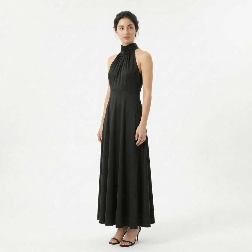 Women's satin high neck bridesmaid maxi dress by FJØRNA, featuring a sleek high neckline and flowing silhouette.