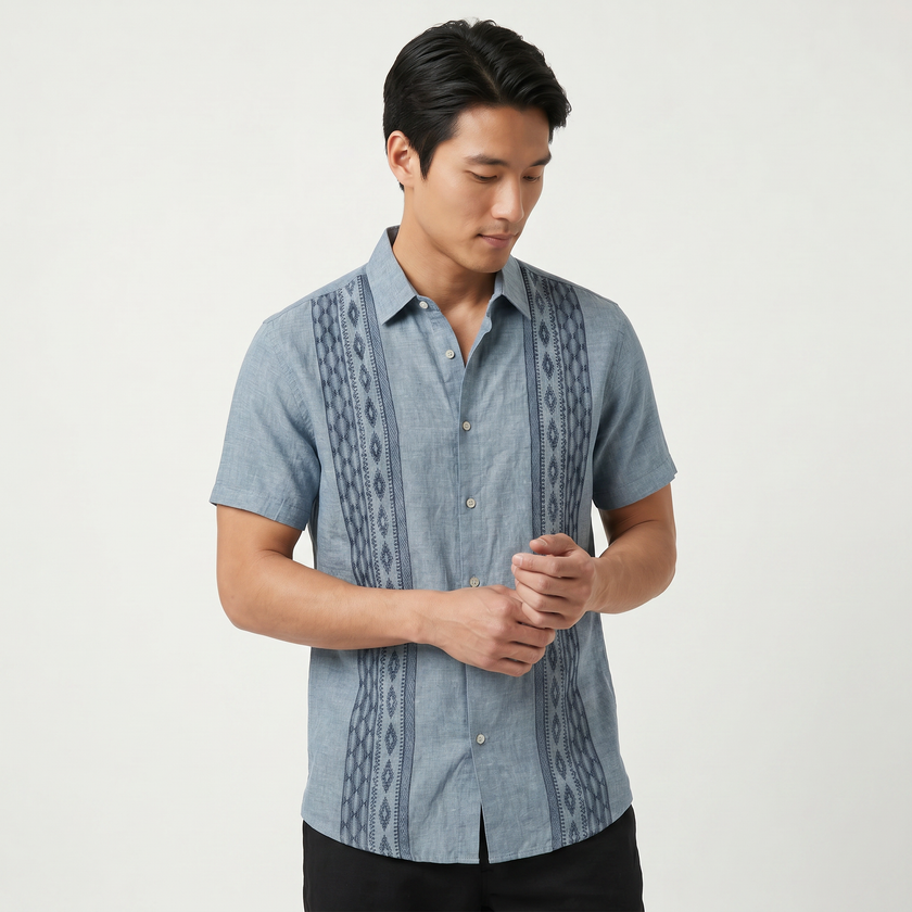 Men's green embroidered short sleeve shirt with Aztec print by FJØRNA, featuring button-up design and summer style.
