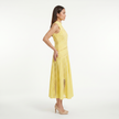Women's sleeveless lace panel midi dress by FJØRNA, featuring a fitted silhouette and elegant lace details.