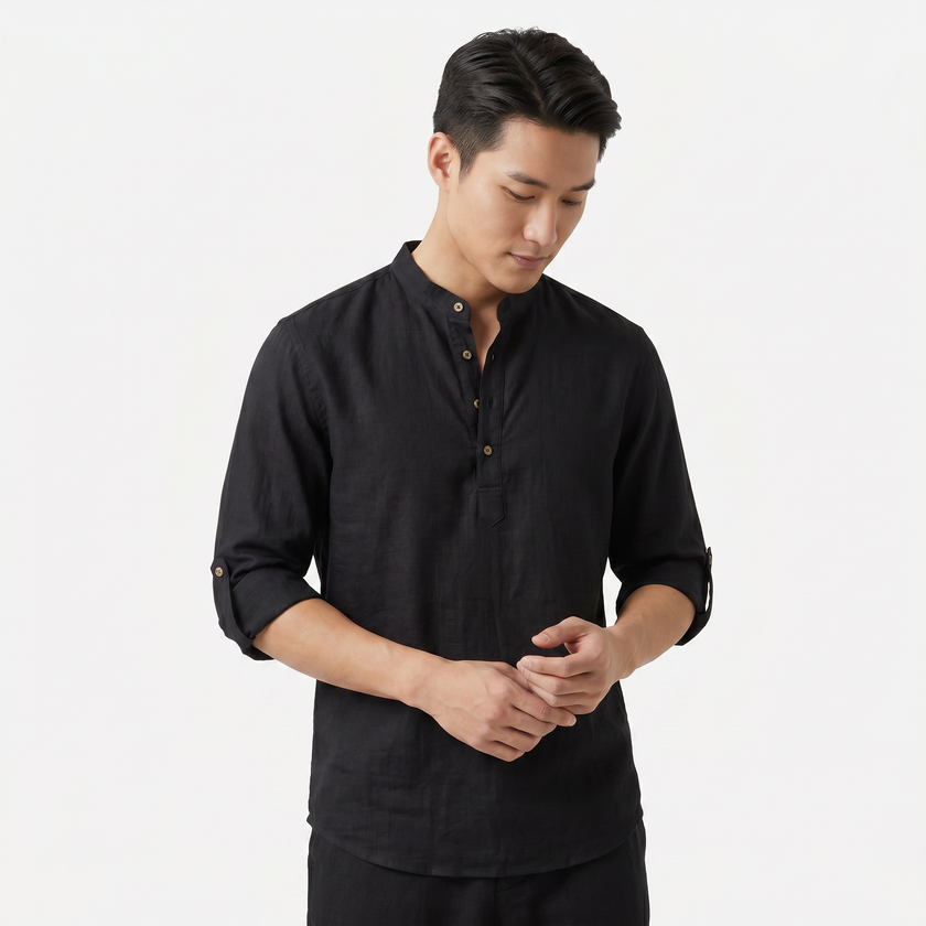 Men's linen Henley shirt with grandad collar, roll-up sleeves, casual summer style by FJØRNA.
