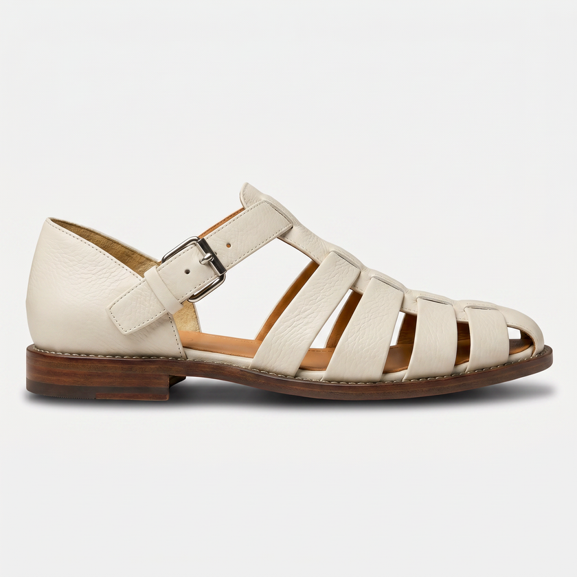 Men's Leather Closed Toe Fisherman Sandals by FJØRNA, showcasing black leather sandals with closed toes and adjustable straps.