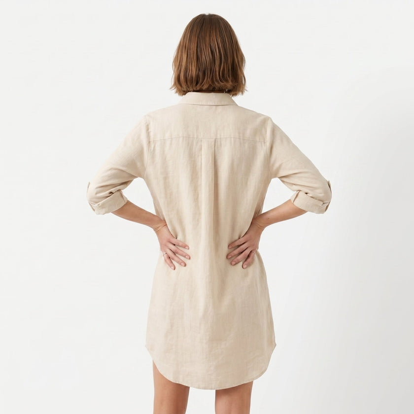 FJØRNA women's oversized linen shirt dress with button-down front and relaxed fit, perfect for casual summer wear.