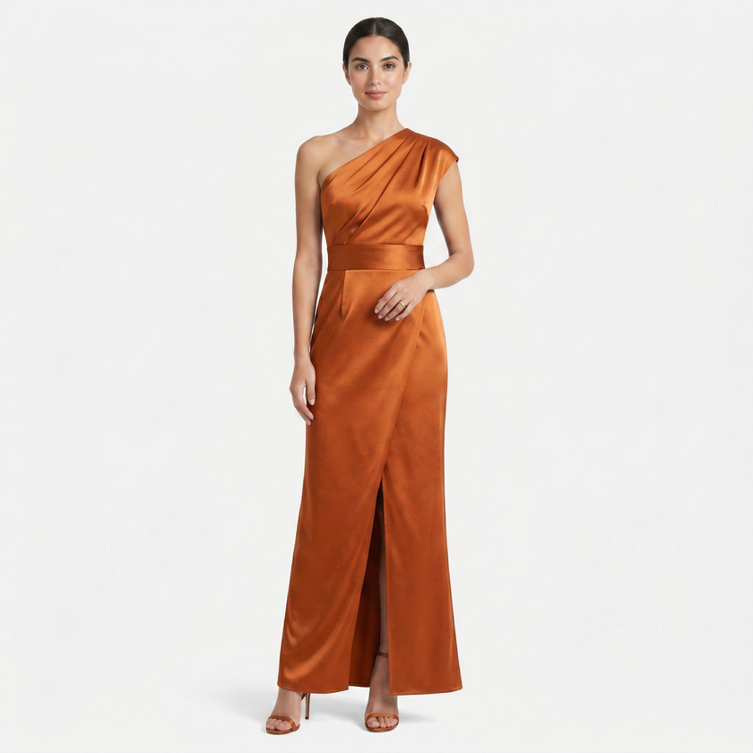 FJØRNA women's one-shoulder maxi evening dress with asymmetric neckline, flowing fabric, and elegant silhouette.