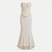 Women's strapless lace corset maxi dress by FJØRNA featuring intricate lace details and a flowing silhouette.
