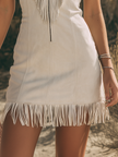 FJØRNA retro v-neck mini dress with zip-front closure, fringed faux suede fabric, stylish women's dress showing front view
