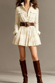 FJØRNA plaid print lapel long sleeve pocket mini dress for women, featuring a stylish design and button-up front.