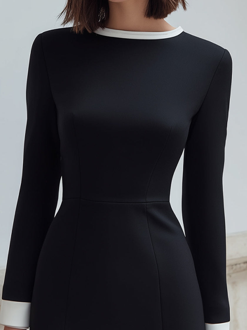 FJØRNA black lace long sleeve mini dress with contrast trim, stylish elegant dress for special occasions