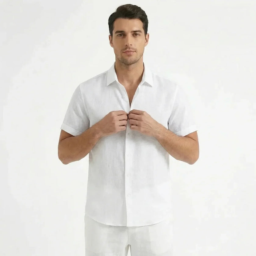 Men's FJØRNA cotton-linen short sleeve shirt displayed on a hanger, showcasing a casual, lightweight men's shirt for warm weather.