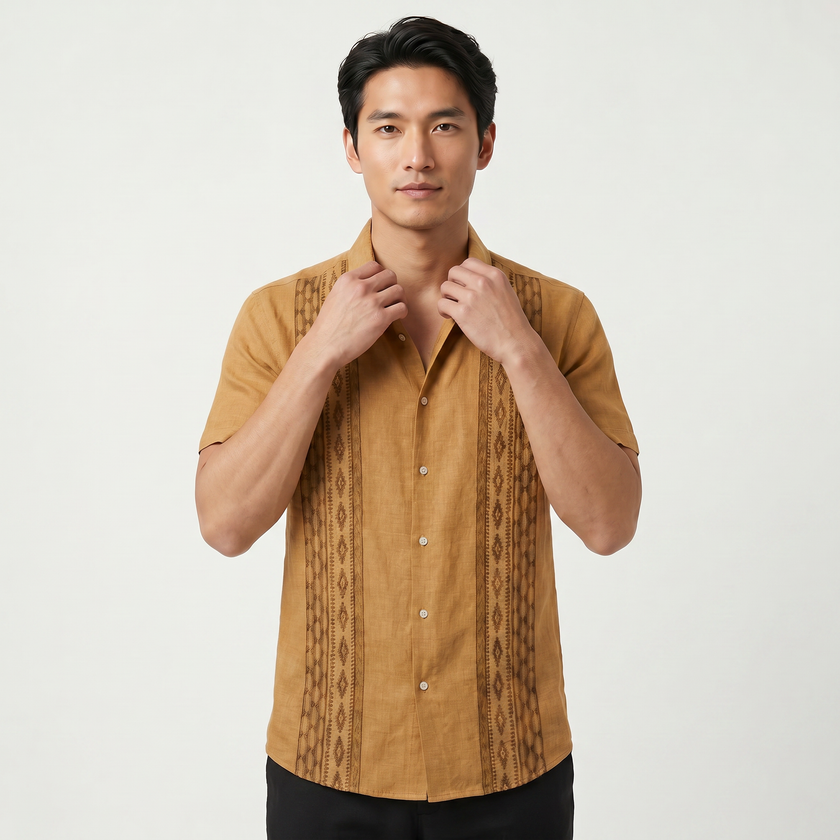 Men's green embroidered short sleeve shirt with Aztec print from FJØRNA, featuring button-up front, ideal for summer wear.