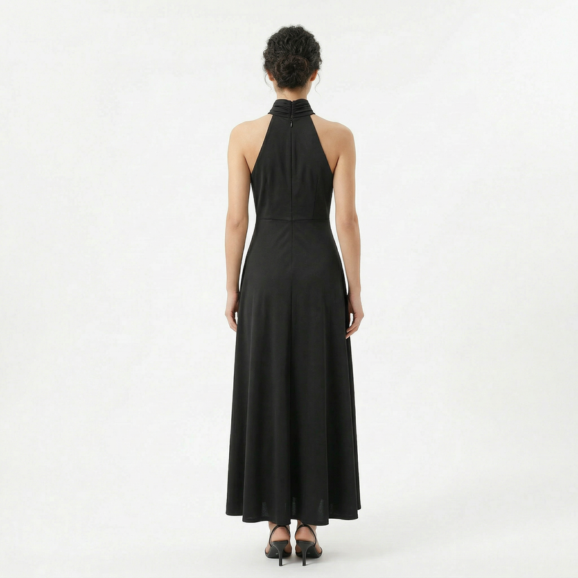 Women's satin high neck bridesmaid maxi dress by FJØRNA, featuring a elegant high neckline and flowing satin fabric.