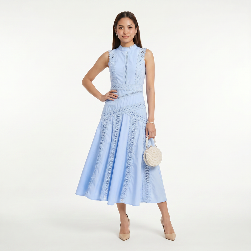 FJØRNA women's sleeveless midi dress with lace panels, fitted bodice, and flowing skirt, perfect for elegant occasions.