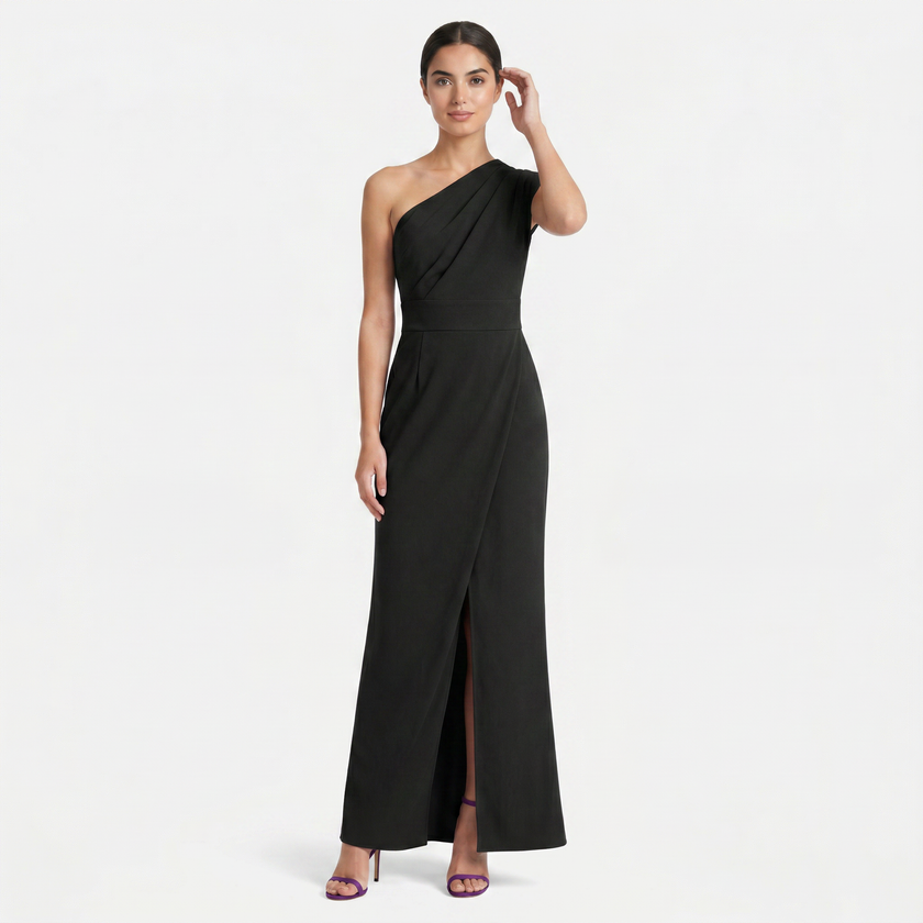 FJØRNA women's one-shoulder maxi evening dress with asymmetric neckline, elegant floor-length gown for formal occasions