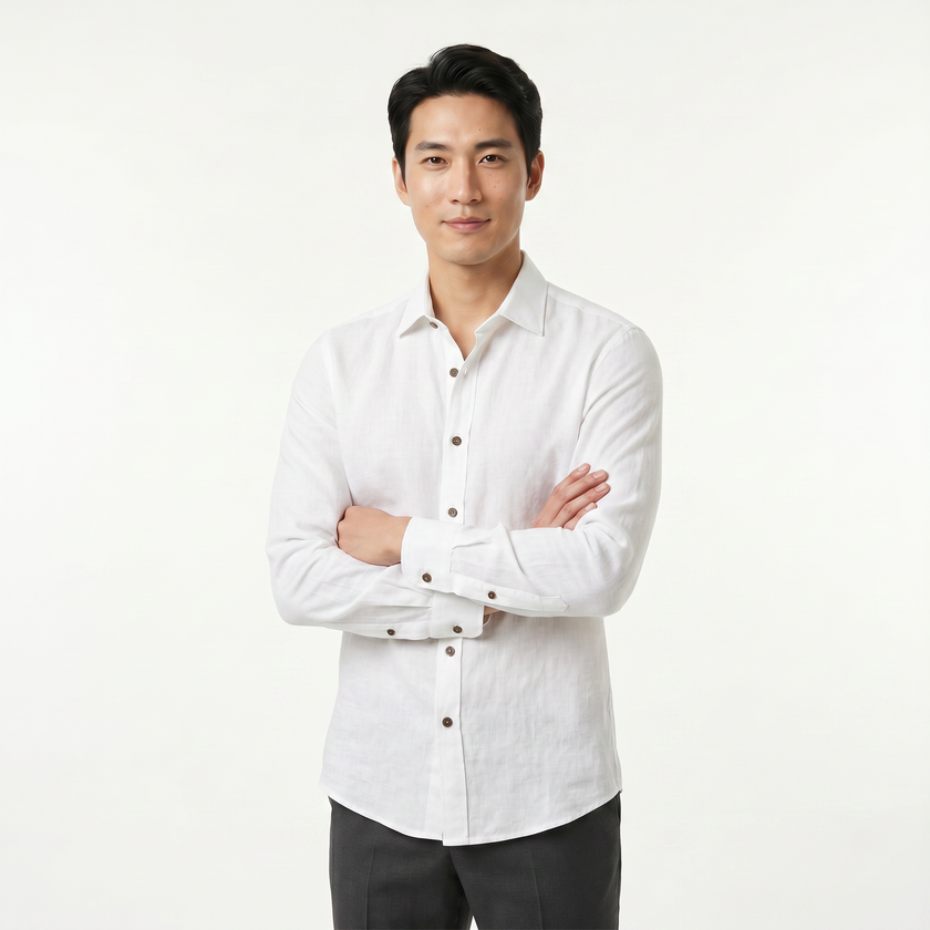 Men's FJØRNA long sleeve cotton button-down shirt in classic style, shown in a natural pose with collar and button details.
