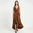 FJØRNA women's elegant sleeveless wrap midi dress displayed on a hanger, showcasing its stylish design and fabric details.