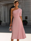 FJØRNA blush pink one-shoulder midi dress with long sleeves, short sleeve design, elegant and stylish for special occasions.