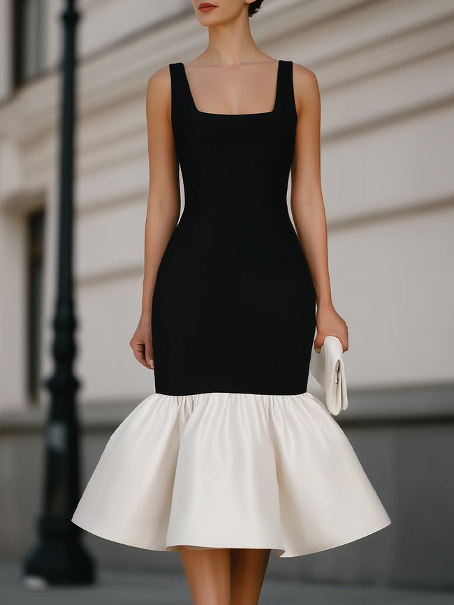 FJØRNA square neck sleeveless midi dress with ruffle hem, showcasing a stylish and elegant summer dress design.