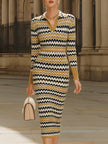 FJØRNA retro chevron print polo collar knit midi dress displayed on a hanger, showcasing its pattern and classic style.