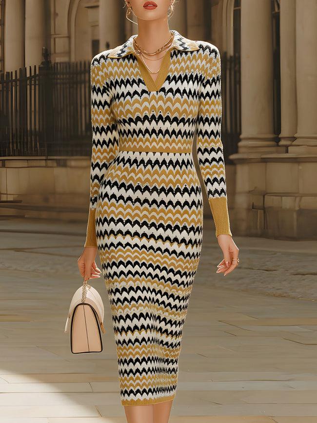 FJØRNA retro chevron print polo collar knit midi dress displayed on a hanger, showcasing its pattern and classic style.