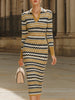FJØRNA retro chevron print polo collar knit midi dress displayed on a hanger, showcasing its pattern and classic style.