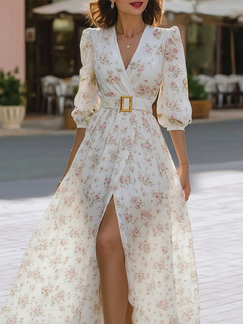 FJØRNA romantic floral chiffon maxi dress with belted waist, flowing fabric, and elegant floral pattern for special occasions.