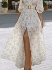 FJØRNA romantic floral chiffon maxi dress with belted waist and flowing skirt, perfect for elegant summer or special occasions.