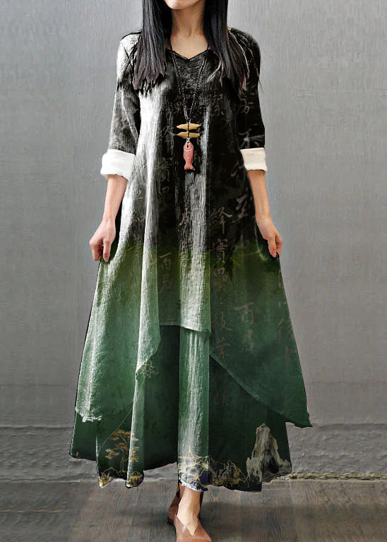 FJØRNA white vintage maxi dress with long sleeves, double layers, and asymmetric button details, flowing silhouette.