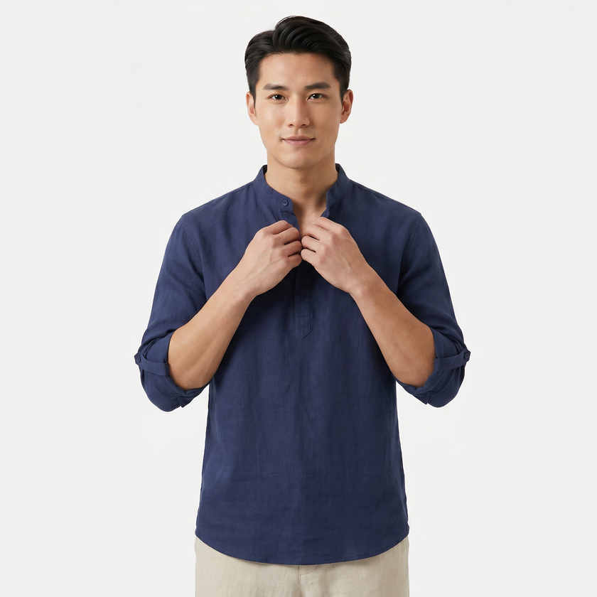 Men's linen Henley shirt from FJØRNA with grandad collar and roll-up sleeves, casual summer shirt for men, light and breathable fabric