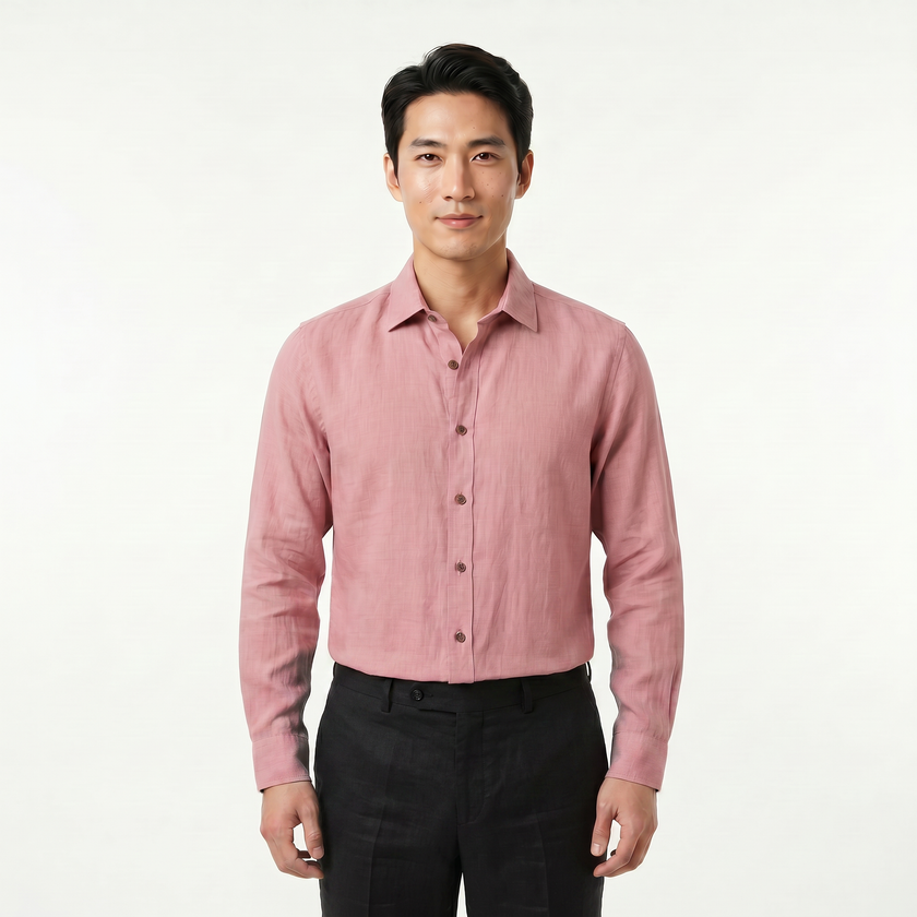 Men's FJØRNA long sleeve cotton button-down shirt, navy blue with collar and button cuffs, styled for casual or formal wear.