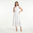 FJØRNA women's sleeveless midi dress with lace panel, elegant and flowing, shown in a stylish design with intricate lace details.