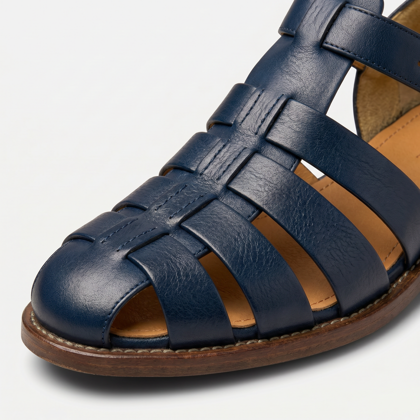 FJØRNA men's leather closed toe fisherman sandals showing brown leather straps and sturdy sole, stylish and comfortable men's footwear