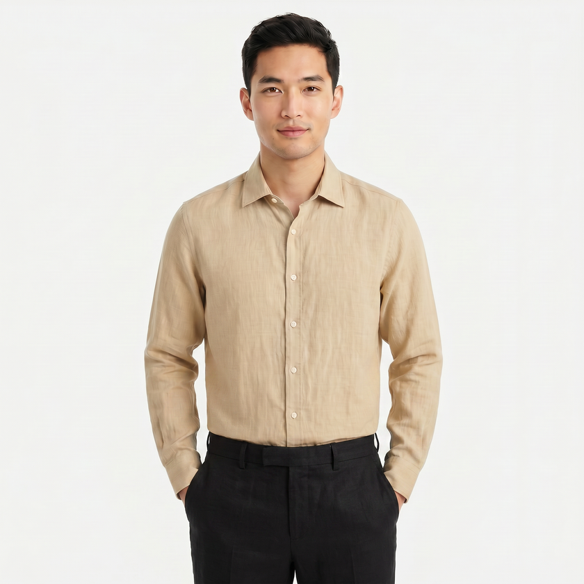 Men's FJØRNA long sleeve linen button-down shirt with a casual fit, featuring a classic collar and button closures.