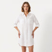 Women's oversized linen shirt dress by FJØRNA, featuring a relaxed fit with buttons down the front and a casual, breathable design.