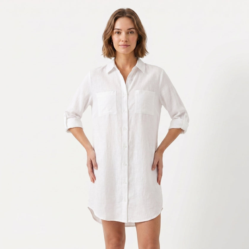 Women's oversized linen shirt dress by FJØRNA, featuring a relaxed fit with buttons down the front and a casual, breathable design.
