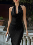FJØRNA halter cowl-neck midi evening dress for women, elegant dress with draped neckline and fitted silhouette, front view.