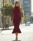 FJØRNA sheer high-neck mermaid midi dress for women, form-fitting dress with elegant sheer fabric and high neckline.